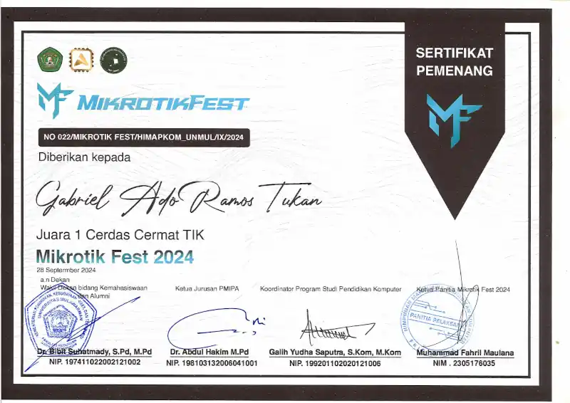 Juara 1 Lomba Cerdas Cermat Mikrotik Fest 2024